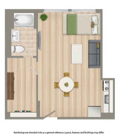 studio apartment floor plan rendering at longfellow apartments in washington dc